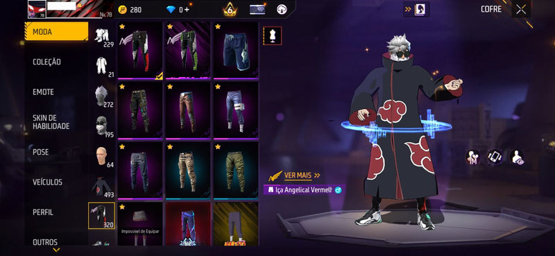 🔥 Conta Free Fire Gemada Nível 78 — Itachi + Top Criminal + Angelical Vermelha + Brinde Exclusivo
