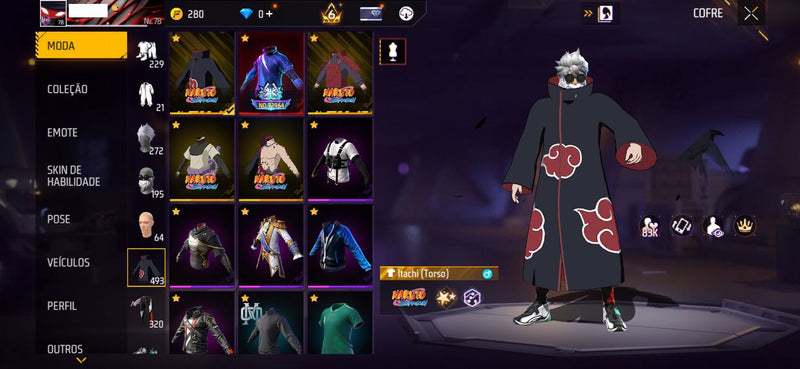 🔥 Conta Free Fire Gemada Nível 78 — Itachi + Top Criminal + Angelical Vermelha + Brinde Exclusivo