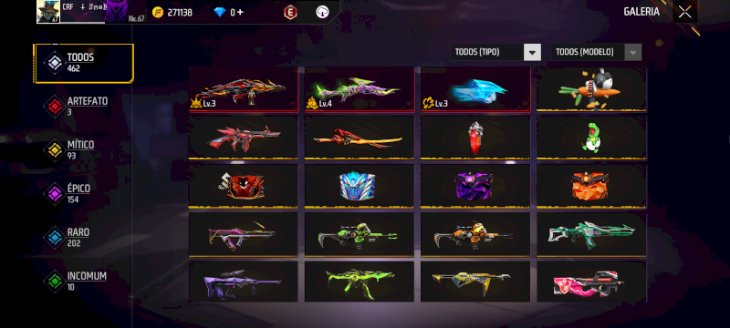 Conta FREE FIRE ANTIGA LVL 67. BARBINHA, 500 PEIT, 5 PUNHOS, 3 ARMAS EVOLUTIVAS
