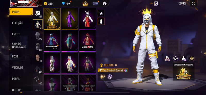 🔥 Conta Free Fire Gemada Nível 78 — Itachi + Top Criminal + Angelical Vermelha + Brinde Exclusivo